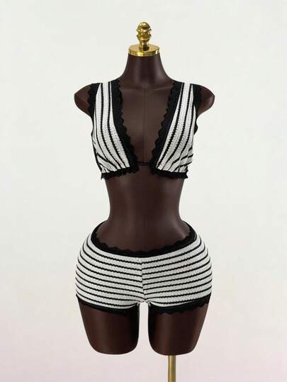 SaltGleam SaltGleam Women's Striped Deep V-Neck Cropped Tank Top And Shorts Sexy 2 Pieces Set