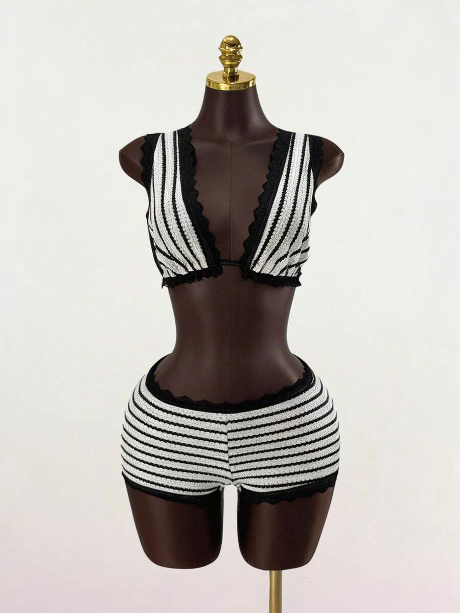 SaltGleam SaltGleam Women's Striped Deep V-Neck Cropped Tank Top And Shorts Sexy 2 Pieces Set - Black and White - View 1