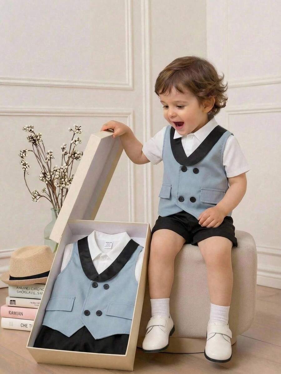 SHEIN 2pcs/Set Baby Boy Blue Summer Formal Wedding Guest Korean Style Contrast Color Double-Breasted Vest And Shorts Set,Suitable For Birthday Party,Baptism - Multicolor - View 1