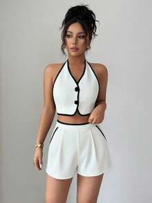 Selianne Summer New Sexy Contrast Color Trim Backless Tie Crop Top + Shorts With Slant Pockets Contrast Trim Women 2 Pieces Set - White - View 4