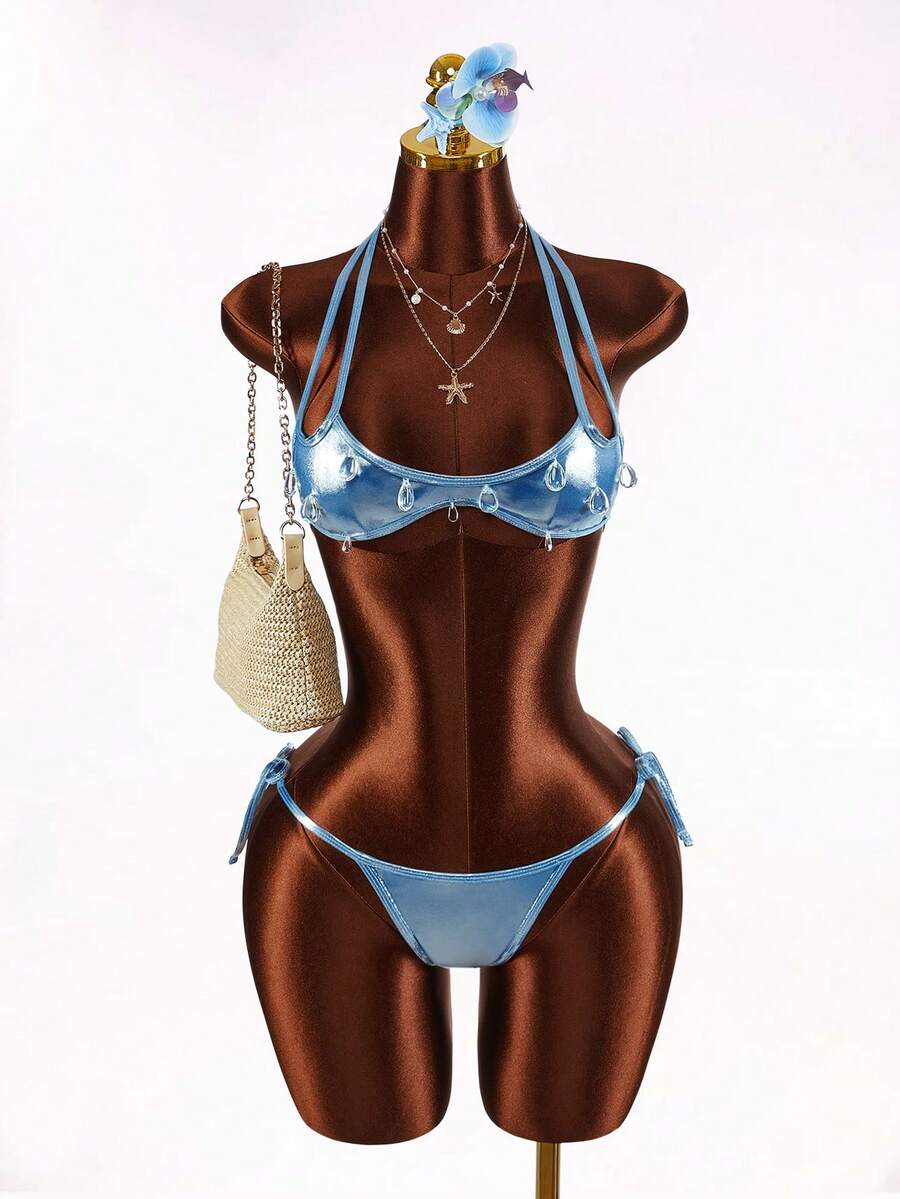 Amplova 女士泪滴吊坠露背系带比基尼套装，带系带下装