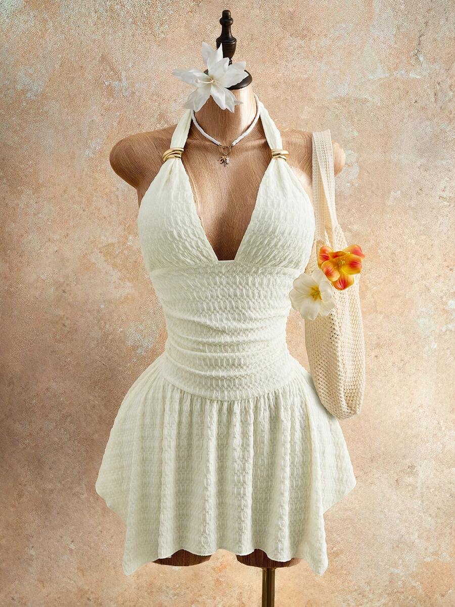 Mistrie 女士度假纯色荷叶边露背连衣裙 - 杏色 - 查看 1