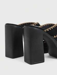 Sugerpunk 女士时尚性感露趾高跟凉鞋，朋克哥特式优雅刺绣交叉绑带，厚底防水平台，粗跟，春夏夜店派对/节日女士套脚鞋。 - 黑色 - 查看 4