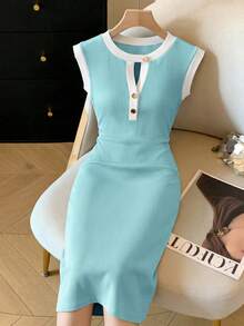 GlowEve 新款撞色圆领无袖女式连衣裙 - 淺藍色 - 查看 1