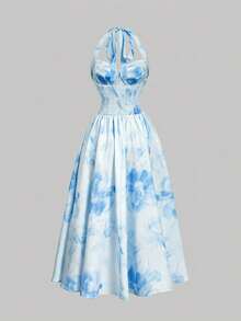 SHEIN MOD Women's Floral Print Front Tie Elegant Dress - Wander Blue - View 3