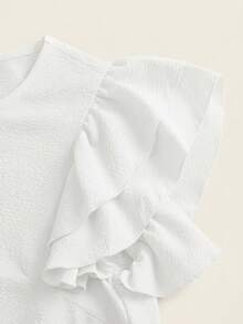 SHEIN LUNE 女士纯色圆领荷叶边短袖休闲衬衫 - 白色 - 查看 3