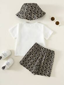 SHEIN 3件套婴儿男女童针织休闲运动舒适趣味字母图案印花宽松圆领T恤、短裤、帽子套装 - 彩色 - 查看 2