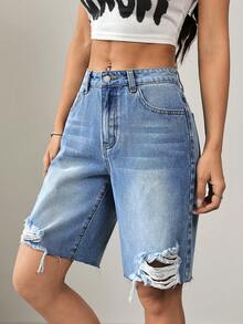 SHEIN PETITE 女士休闲水洗做旧牛仔短裤，夏季 - 深色水洗藍 - 查看 4