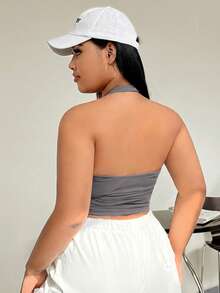 SHEIN EZwear 大码女式纯色吊带褶皱腰背心 - 灰色 - 查看 2
