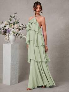 L'Amorae Elegant Romantic Wedding Guest Solid Halter Tiered Chiffon Maxi Dress - Green - View 4