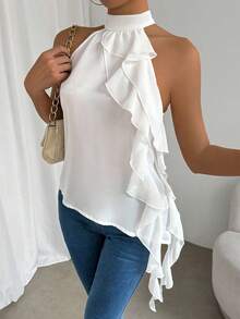 SHEIN Clasi Blusa con cuello de halter con volantes de unicolor, blusas sin mangas - Blanco - Ver 3