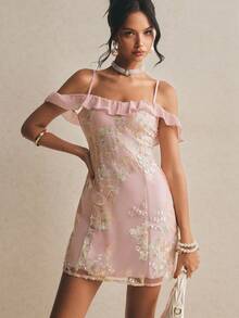 Poéselle 法式浪漫碎花连衣裙，甜美迷人性感修身腰裙 - 粉色 - 查看 4