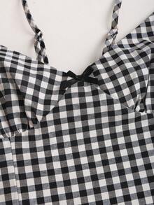 SHEIN Sweetro Đầm ngắn nữ kẻ caro thắt nơ, kiểu dáng mùa hè - Đen và trắng - Xem 5