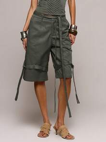 MUSERA Stitching Detail Wide Leg Cargo Jorts Spring Summer Sexy Date Night Club Festival Holiday Night Out Vacation Spring Soul Ties Pants - Dark Grey - View 2