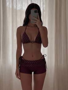 Bonvoyette 新款春夏爆款三件套比基尼：波点拼接印花三角杯系带短裤，性感褶皱多色女士沙滩泳衣 - 咖啡棕 - 查看 5