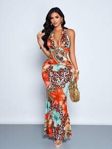 SOLERSUN Đầm maxi không tay kiểu dáng mùa hè dành cho nữ, họa tiết da báo và hoa nhiệt đới, xếp ly, cổ yếm, chéo. - trái cam - Xem 4