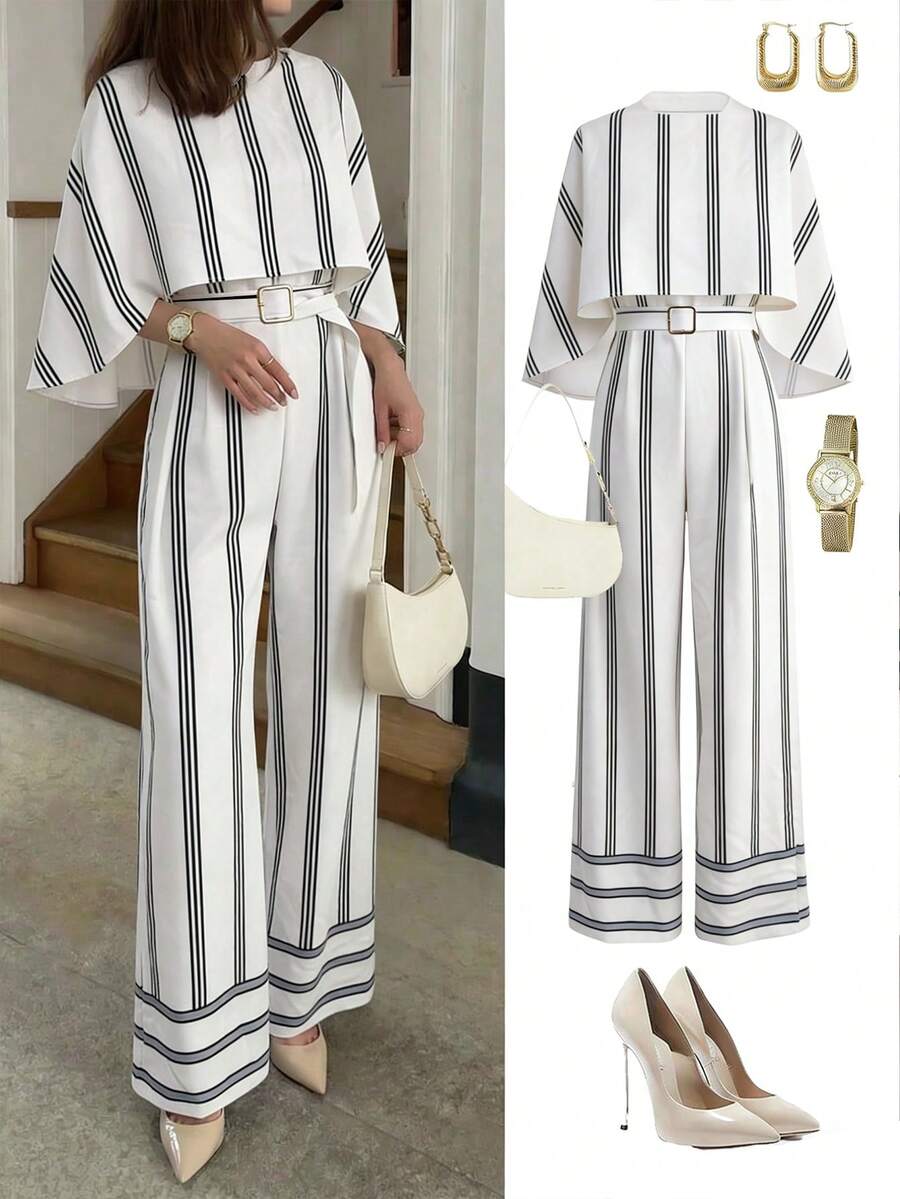 Franclia 女士优雅法式圆领收腰连体裤，冬季收腰显瘦休闲装 - 黑與白 - 查看 1