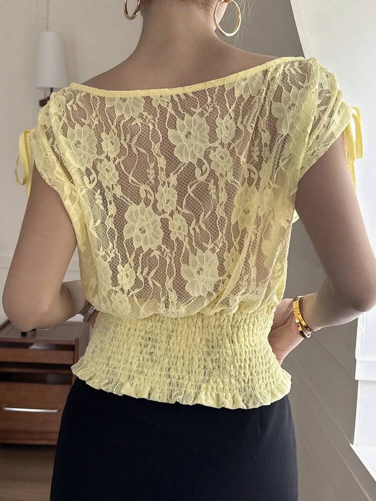 Women's Yellow Lace Semi-Sheer Casual Blouse With Tie-Up Design, Suitable For Spring/Summer, Valentine's Day, Vacation