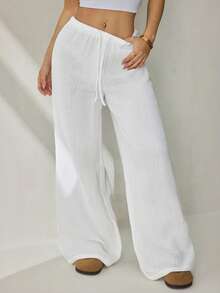 SHEIN PETITE Quần ống đứng cạp siêu thấp dành cho nữ, chất liệu cotton hữu cơ, kiểu dáng thường ngày, thích hợp cho mùa thu. - trắng - Xem 7