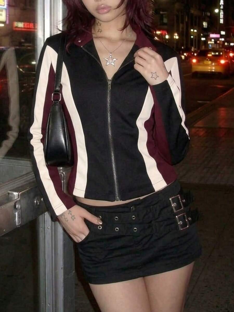 EgrlEra Women Colorblock Street Motorcycle PU Leather Jacket - Multicolor - View 1