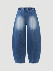 Tween Girls Y2K Casual Elastic Waist Loose Wide Leg All-Match Versatile Washed Blue Denim Jeans, All Season - Medium Wash - View 5