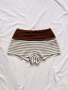 Soleia Women's Elastic Waist Striped Fold-Over Shorts - Mocha Brown - View 5
