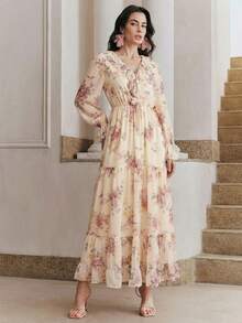 Anewsta New Arrival Spring/Summer Romantic Flowy Deep V-Neck Ruffle Hem Floral Print Maxi Dress For Women - Apricot - View 5
