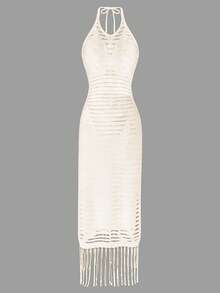 SHEIN X Clarissa Marchese SHEIN Swim 女士纯色露背无袖镂空开衩针织罩衫连衣裙，带流苏 - 杏色 - 查看 6