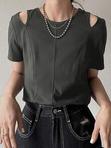 FRIFUL Women's Solid Color Slim Fit Casual Short Sleeve T-Shirt, Suitable For Spring And Summer - Dark Grey - View 6