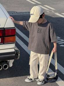 SHEIN 2pcs/Set Baby Boy Casual Letter Print Short Sleeve T-Shirt Top And Wide Leg Pants Set, Summer & Spring - Multicolor - View 1