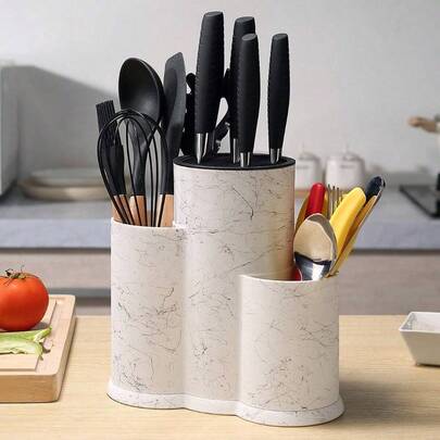 Multifunctional 3-In-1 Kitchen Knife Block Set, Space-Saving Universal Knife Holder For Chopper, Scissors & Chopsticks, Black Brushed Stainless Steel Utensil Organizer Rack, Countertop Storage Stand