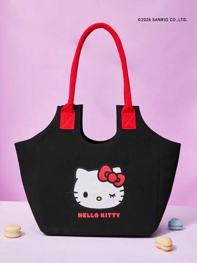HELLO KITTY AND FRIENDS | Joivida 黑色托特包 – 红色手柄可爱购物手提包