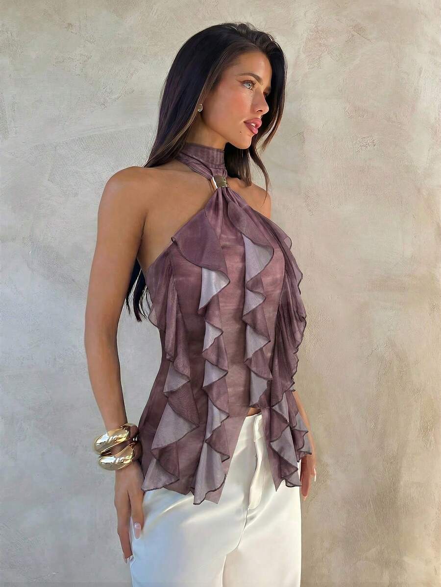 Aloruh Women's Elegant Multi-Layer Ruffle Trim Stand Collar Fitted Tank Top,Summer Top - Dusty Pink - View 1