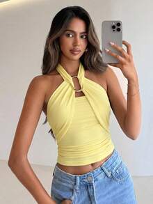 Aloruh Women's Elegant Metal Buckle Decor Cinched Waist Ruched Tie Neck Camisole,Summer Top - Light Yellow - View 7