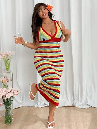 SHEIN EZwear Plus Size Women Colorful Striped Hollow Out Sleeveless Knit Dress, Vacation