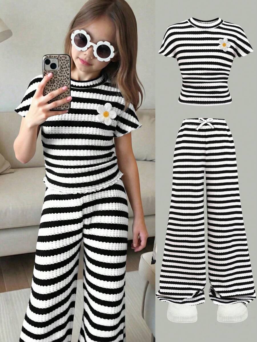 SHEIN 2件套女童针织条纹3D花朵圆领背心和打底裤套装 - 黑與白 - 查看 1