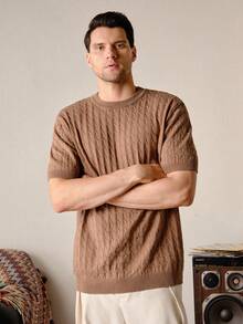 Brown Color Men's Casual Everyday Commute Solid Short Sleeve Cable Knit Sweater, Round Neck Camel, Autumn Old Money, With Rib-KnitFall Winter - Camel - View 5
