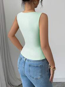 Selianne Women's Elegant Solid Color Square Neck Pleated Casual Tank Top - Mint Green - View 2