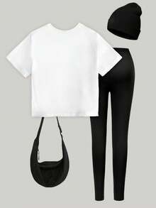 Bộ 2 món cho bé gái, gồm áo thun và quần legging in họa tiết nơ và ngọc trai, kiểu dáng thường ngày thanh lịch, thoải mái cho mùa xuân, hè và thu. - Nhiều màu - Xem 2