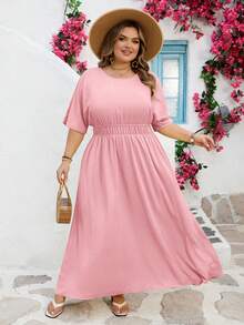 SHEIN CURVE+ 2026春夏新款大码度假休闲/日常休闲/外出/优雅派对/浪漫纯色黄色插肩袖弹力腰部收褶大A字摆梭织纹理面料女式大码长裙 - 粉色 - 查看 8