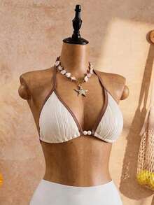 SHEIN Swim Vcay Plus Size One-Piece Swimwear, Solid Color Textured Fabric, Contrast Color Halter Neck, Sexy Vacation Swimwear Top - Apricot - View 8