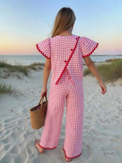 SHEIN 2pcs/Set Spring/Summer Teen Girls Loose Casual Chic Backless Contrast Color Top Paired With Loose Wide Leg Pants Set, Suitable For Daily, Commute, Casual, Vacation, Gathering, Street Snap