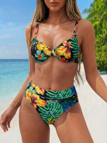 Swim Lushoire Conjunto de bikini con copas blandas con estampado tropical, perfecto para vacaciones en la playa - Multicolor - Ver 3