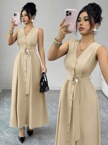 Elenzga Áo khoác cardigan dệt kim không tay cổ chữ V mới dành cho nữ, điểm nhấn là vòng kim loại, kiểu dáng thanh lịch, thích hợp mặc lâu dài. - Màu Khaki - Xem 4
