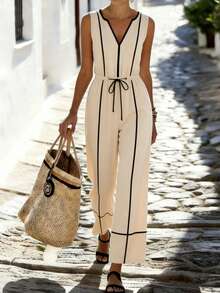 Breezaya 这款多功能都市商务宴会办公通勤情人节约会派对海滩休闲优雅经典V领无袖收腰长款连体裤，专为女性设计。 - 杏色 - 查看 5