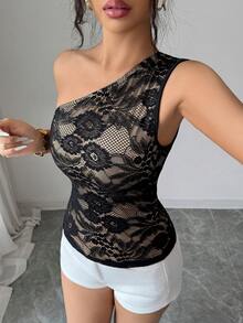 Elenzga Áo ren không tay ôm sát, kiểu dáng thanh lịch Pháp, ôm nhẹ, dành cho nữ, với thiết kế ren bất đối xứng, tối giản, đa năng cho mặc hàng ngày, mùa hè. - màu đen - Xem 5