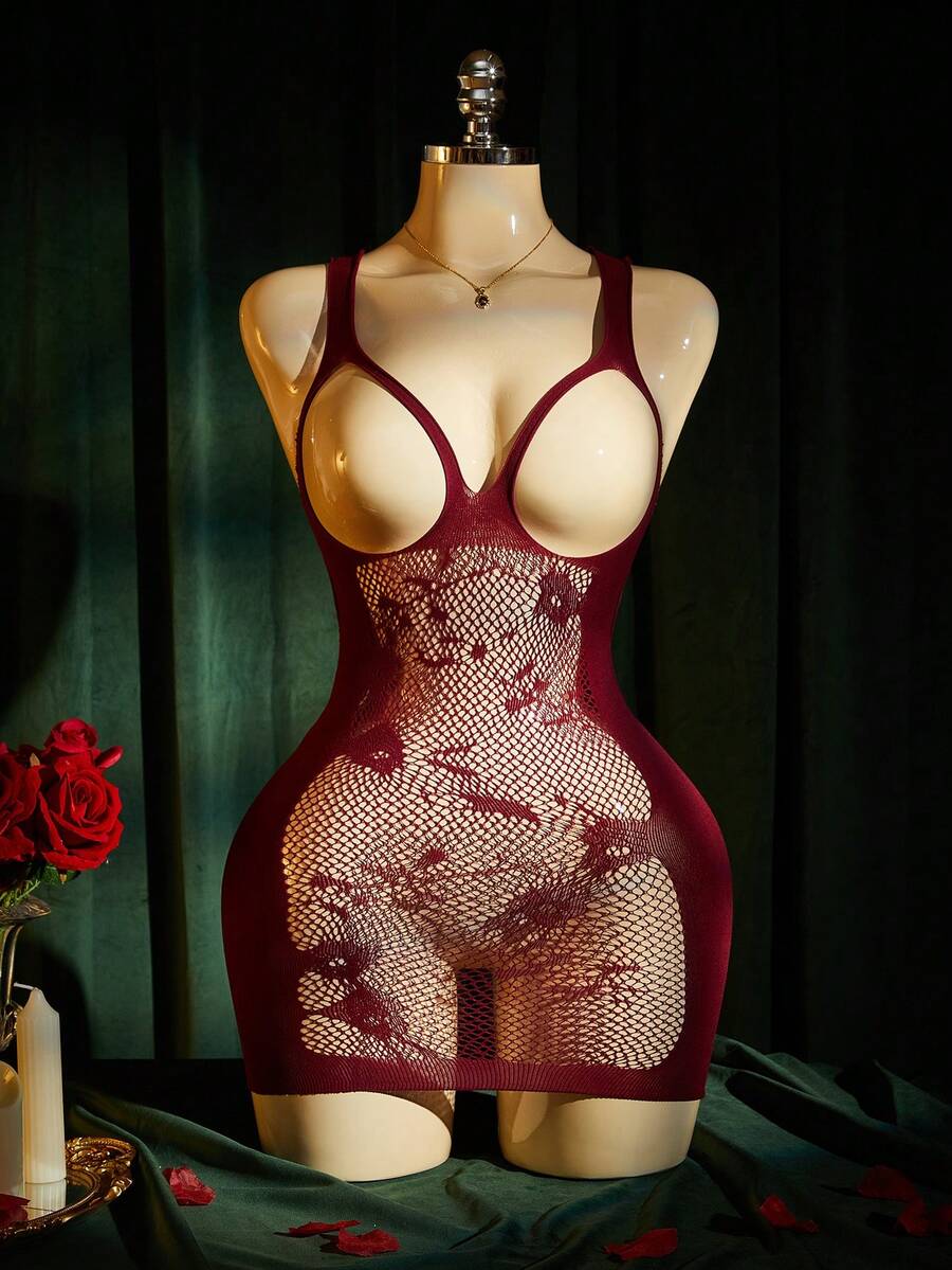 SpicyHot Áo ngủ nữ gợi cảm không tay ren hoa, màu đỏ rượu vang. - Màu Đỏ Sâu - Xem 1