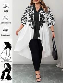 SHEIN CURVE+ Plus Size Women Vacation Plant Pattern Half Sleeve Tie Waist High Low Hem Blouse - Multicolor - View 12