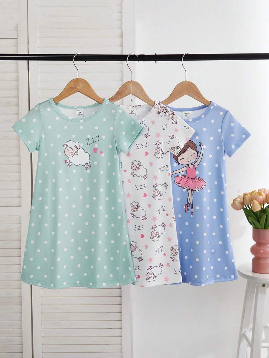 Genkimix Kids 3件套女童可爱卡通绵羊印花睡衣套装,包括粉色和灰色短袖长款睡裙,简约时尚 - 彩色 - 查看 1