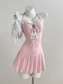 Elamini Women's Bow Decor Fashion Halter Neck Dress - Pink - View 5